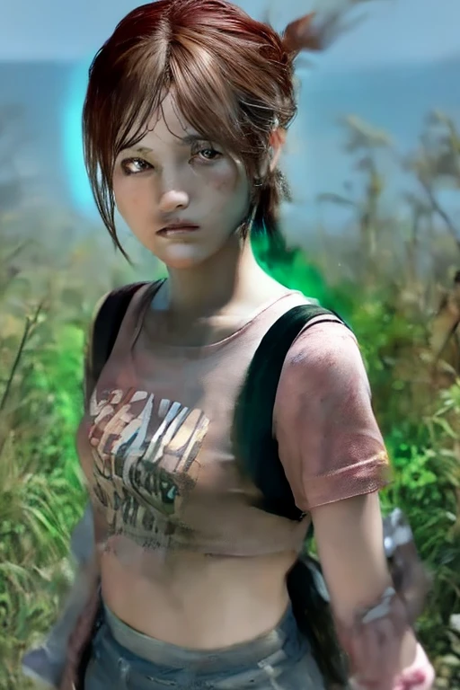 Solo, ellie williams, yoga shorts, crop top, brown hair, standing, light blue eyes, game (the last of us), full body, high quality, sun lights, photorealistic, best shadows, raw hdr