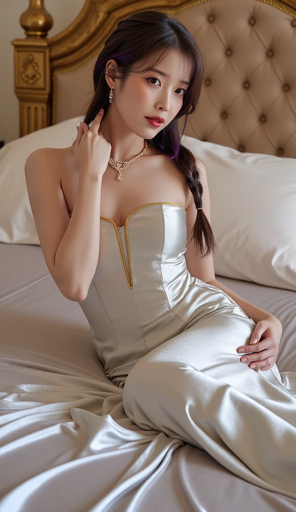 1 girl,8k, masterpiece,on bed, small Diamond necklace,gold and white sexy luxury dress,cleavage of the breast,Medium breasts,White skin glows
