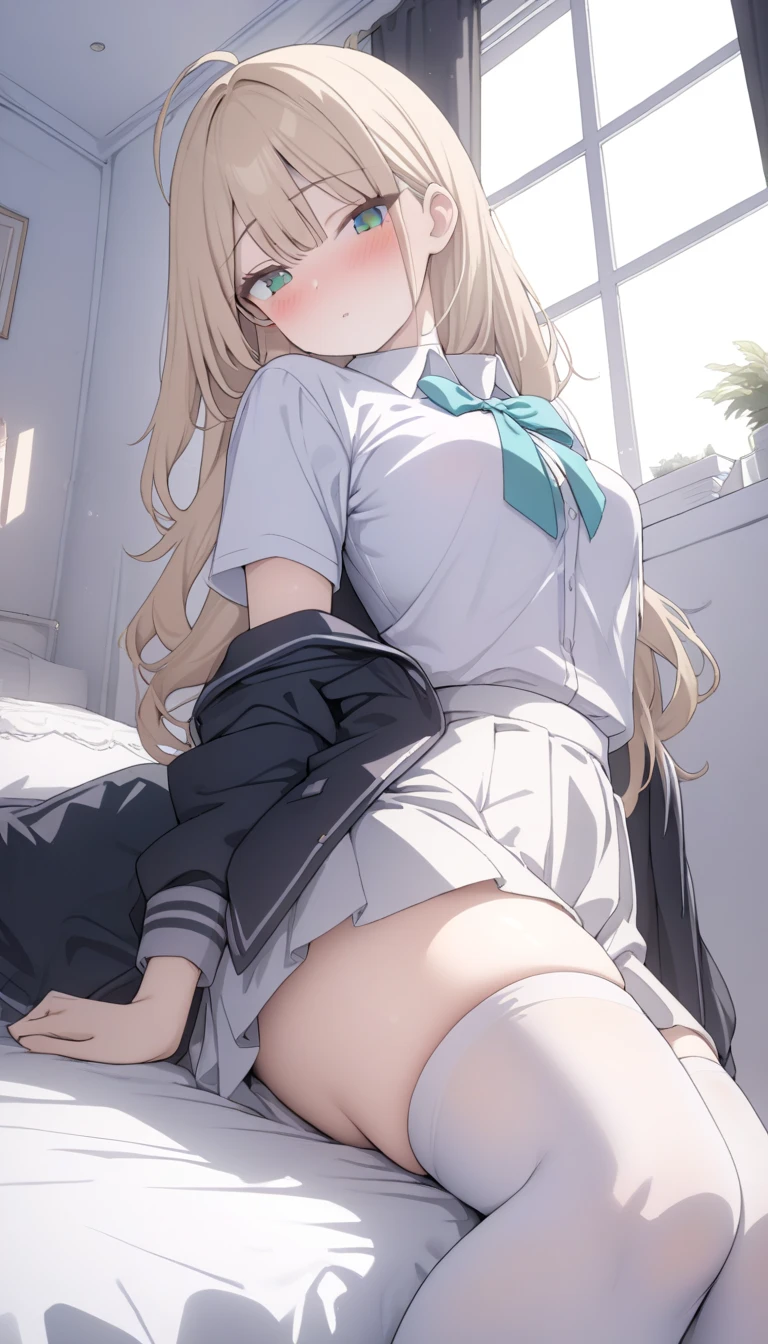 ddlcmonika, ddlcmonika, blunt bangs, brown hair, (green eyes:1.5), long hair, ponytail, ribbon, white ribbon, hair ribbon, sidelocks,
BREAK socks, blue skirt, brown jacket, jacket, long sleeves, over-kneehighs, pleated skirt, , black laofers, skirt,
BREAK looking at viewer, serious face, view from below:1.5, feet focus:1.5,
BREAK indoors, classroom, sitting on floor, spread legs, white panties,
BREAK (masterpiece:1.2), best quality, high resolution, unity 8k wallpaper, (illustration:0.8), (beautiful detailed eyes:1.6), extremely detailed face, perfect lighting, extremely detailed CG, (perfect hands, perfect anatomy),