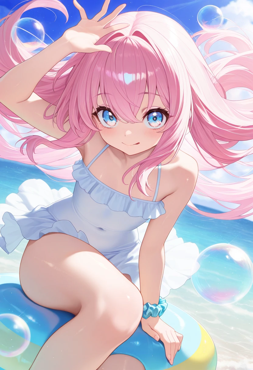 best quality, very aesthetic, Super detailed, best illustration, 1girl, おっぱい, school swim suit, bangs, pink_hair, blunt_bangs, hair_ornament, butterfly_hair_ornament, , T46405