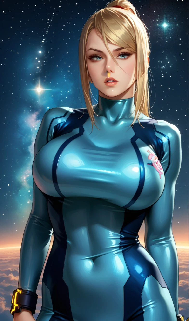 (best quality,4k,8k,highres,masterpiece:1.2),ultra-detailed,(realistic,photorealistic,7),anime girl fantasy,sci-fi,space suit,big chest,front view,solo photo,thick hair,thick thighs,standing,thick legs,colorful,powerful lighting,deeper shadows,sharp focus,detailed facial features,sparkling eyes,background with celestial elements.