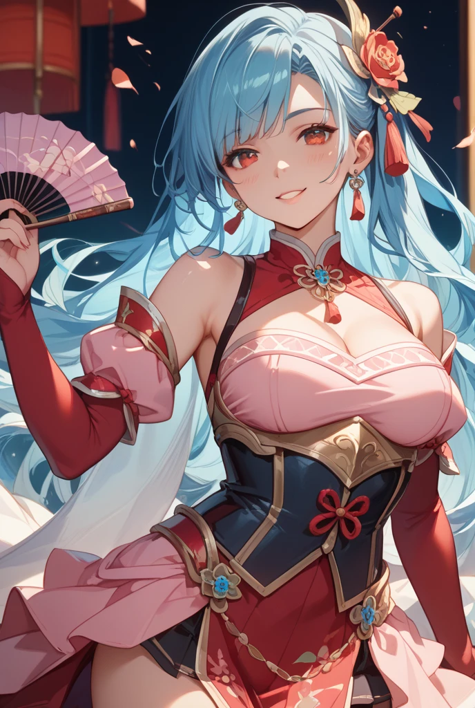 (masterpiece), best quality, expressive eyes, perfect face,1girl, huge breasts, solo, gloves, long hair,((orange hair)), flower, japanese clothes, hair ornament, white background, holding, very long hair, black gloves, lace gloves, simple background, hair flower, katana, kimono, lace, holding katana,red flower, wide sleeves, sash, lace trim, smile, floral print, (yellow eyes), tassel, bare shoulders, earrings, cowboy shot, jewelry, ((hair covering one eye)), obi, aqua skirt, skirt, strapless, looking at viewer, detached sleeves, detached collar, striped, frills, bangs