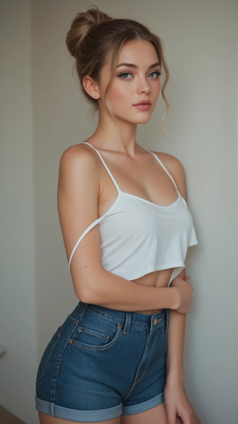 Beautiful skinny girl, elongated face and thin chin, freckles, blonde hair, blue eyes, red lipstick, beautiful makeup, white skin, tattoo written on the forearm, beautiful top, denim shorts, white cotton shoes, in street , messy Hairbun