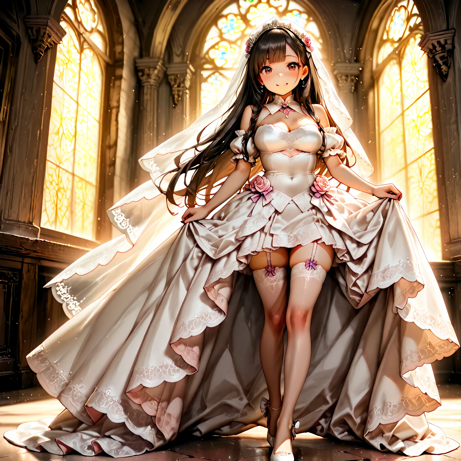 (masterpiece, best quality, beautiful and aesthetic:1.3), 1woman, solo, matured woman, (Deep brown hair streaked brown:1.4), (Gradient red hair ends:1.6), hair strand, absurdly long hair, single sidelock, wavy hair, shiny hair, floating hair, (deep purple eyes), delicate eyes, aqua eyes, super high detailed eyes, long upper eyelashes, makeup, Focus on face, Very detailed facial, Perfect breasts, hot body, (Delicate skin texture:1.2), bridal veil, lace-trimmed dress, see-through, wedding dress, outdoors, white roses, garden, morning, standing, extreme detailed, (A little embarrassing)