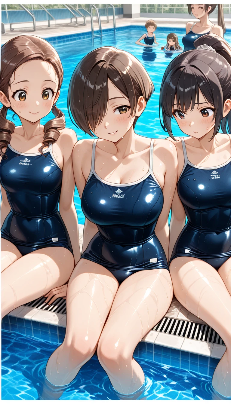 Two young beautiful women,(Highest quality,Extremely detailed depiction,Incredibly absurd high resolution,Anatomically accurate depiction,Curvy Legs),(Glowing Skin,Shiny skin,Oilskin),Holding a glass of alcohol,Strong shiny latex swimwear,There is cleavage in the chest,Glossy Lips,In the pool,Happy smile,Sweat,Wet body,background:Lively pool party,blue sky