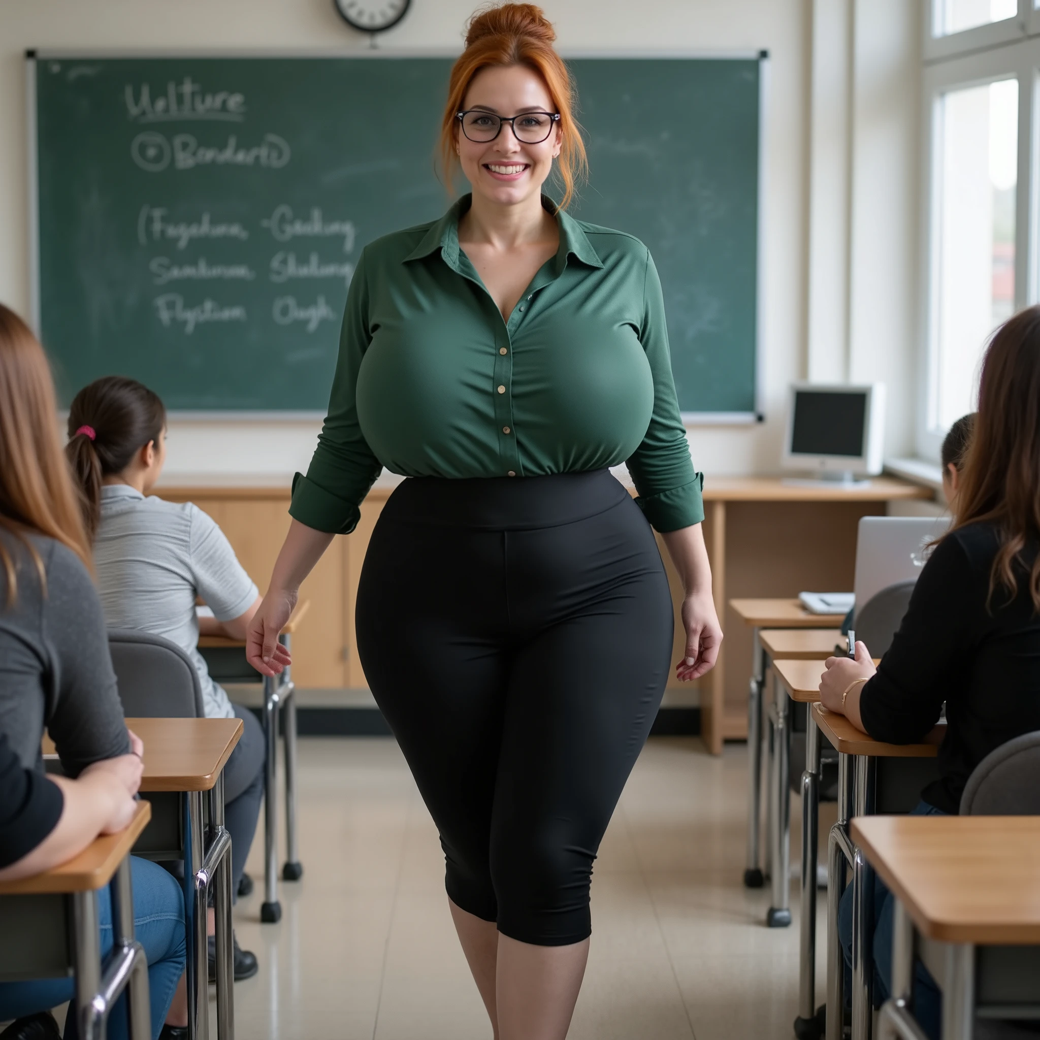 Beautiful teacher, mature woman, glasses (((40 YEARS))), proudly and confidently walking through the classroom, admired by her students, white-skinned woman, beautiful face, tied-up Red hair, voluptuous body, woman with generous curves , hourglass figure, narrow upper body, wide lower body, a slight lump in the belly (((wide hips, narrow waist, wide legs, wide thighs, Well-shaped butt, pregnant belly, big buttocks, plump butt in good shape, big size good shape busts))) sexy woman, MILF SEXY, She dresses, an office outfit (((black very long pencil skirt down to her feet, silky green oversized business blouse, shiny black high heels))), She has a flirty expression , Environment, she is in a classroom, is the sexy science teacher, image features, HD quality, realistic image quality, Realistic Details, best quality, full body approach, Full body image, Viewer's view.