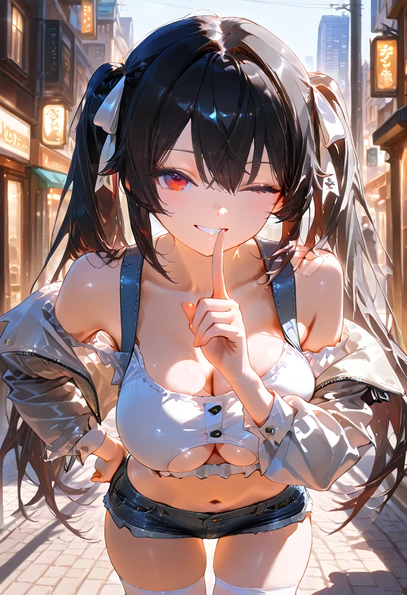 (highest quality), (masterpiece), 1080p, High resolution, 4K, 8k, Black Mask, ((stand near me)), Thigh straps, Shooting from directly below, ((Nipples)), ((White panties)), panties lower, Gothic Lolita, Frilled Skirt, nude, White sweat, Covered , Sweaty, Woman looking down, To achieve this, 16 years old, Large Breasts, Upper Body, Black leather shoes, Braided hair, Ear hair, Inner Color, Embarrassed face, Long Hair, Yellow Eyes, bracelet, Alley, night, Dimly lit place
