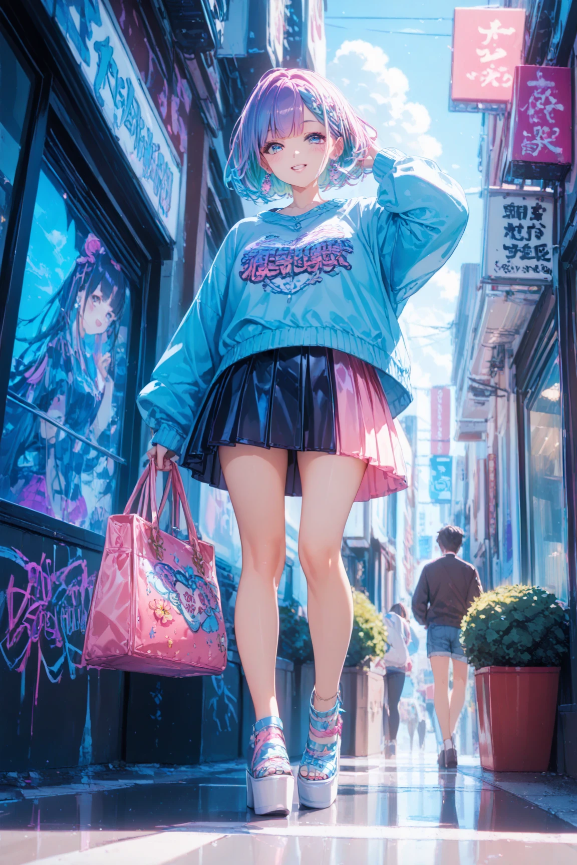 Extreme low angle, full body (8k, RAW photo, highest quality, masterpiece), High detail RAW color photo professional close-up photo, (realism, photo realism:1.4), (highest quality), (best shadow), (best illustration),surreal face, blue eyes, girl long neon green hair, wearing short hoodie head set, long Tartan plaid Skirt, tight high socks, hiding a hoverboard, tokyo night, neon, neon pink, neon blue, neon lime green,