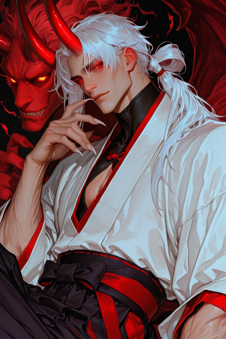 close-up of a demon, casimir art, Shigenori Soejima illustration, Boris Vallejo.   daemon, infected with mushrooms, cutting your skin, drinks alcohol, flowing down his body and mixing with the blood on the floor.    detailed drawing of an anime character, detailed Key anime art, demon Fantasy, beautiful demon in demon slayer art, Taisho Roman, a clear portrait in the role-playing game genre, Masamune Shiro, Key anime art