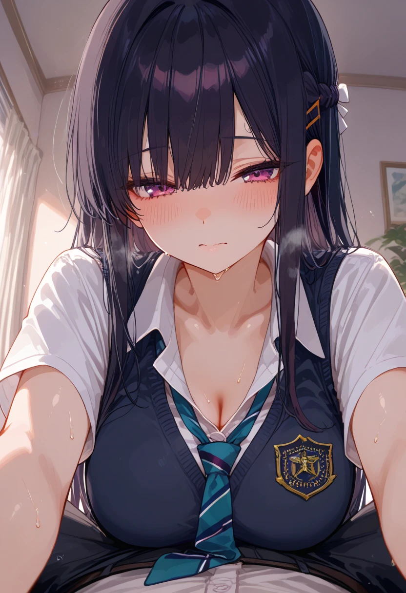 Highest quality, Soft Light, Ultra-high resolution,People Girls, alone, sexy, (Ecstatic face), (Purple eyes), Beautiful face in every detail,(High resolution detail of human skin texture), (Black long hair), break,bra,Dress shirt,tie,Pleated skirt,panties,(Fellatio gestures:1.4), (Open your mouth:1.2),tongue,(Sweat:1.5),Sigh,Crossing your legs,Saliva dripping from the mouth,Spread your legs,My leg is being grabbed,（After Sex:1.7）,Half-naked