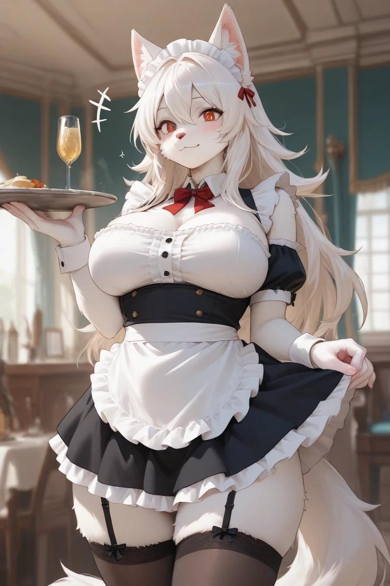 highres, masterpiece, perfect ligthing, bloom, cinematic lighting, adult, perfect skin, female,1girl,solo,red eyes,white hair,long hair,forehead,lipstick,makeup,pale skin,vampire, naked apron,bar,holding tray,standing,light smile, night