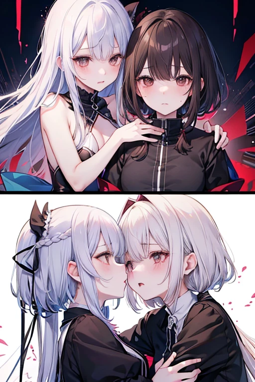 Pareja hombre y mujer, hombre:1.1,( con cuernos rojos:1.3), pelo negro, ojos rojos:1.5, cara masculina), Mujer loba, (pelo gris, ojos rojos:1.5, bonito rostro femenino), obra maestra de anime, high resolution, HD definition.