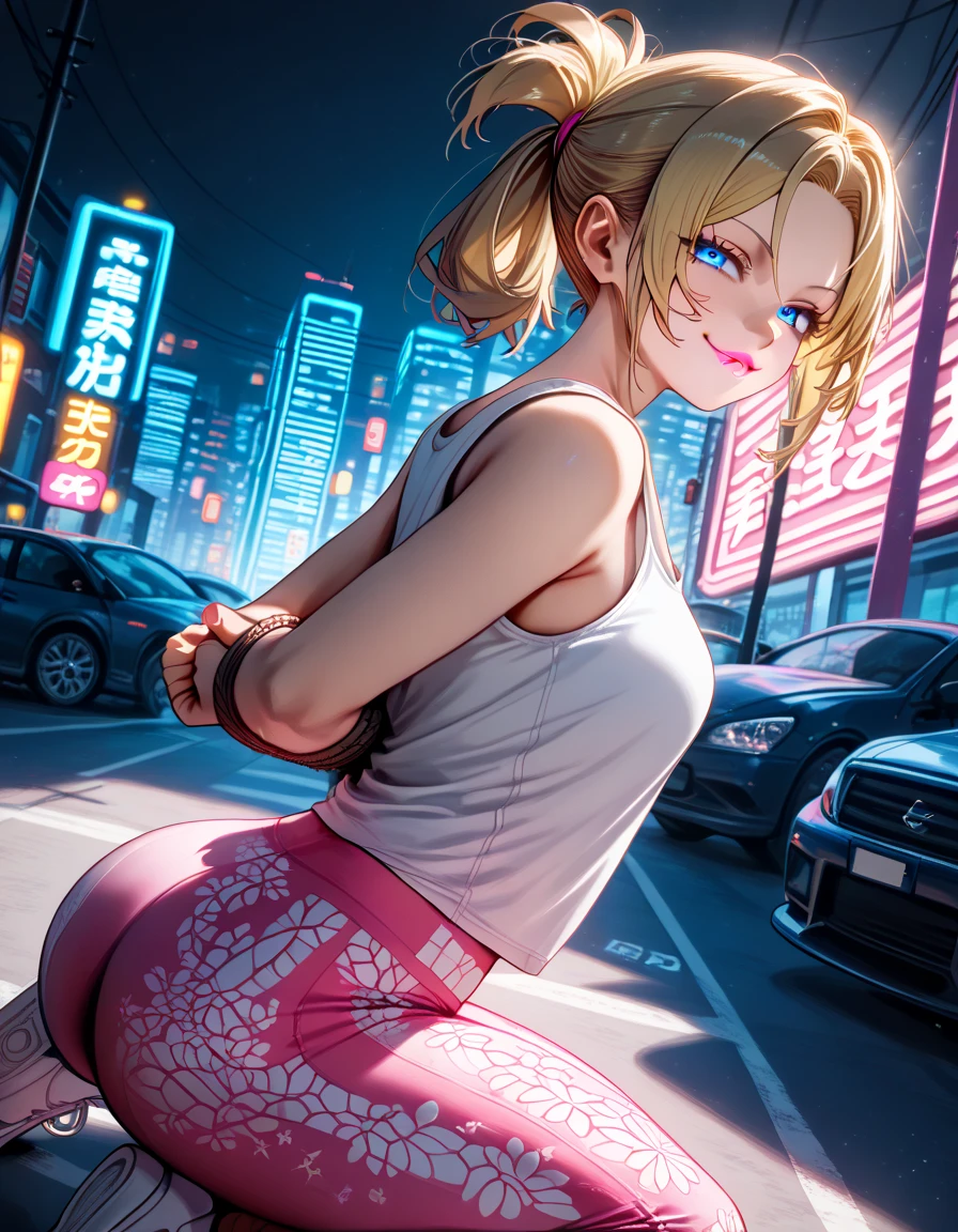 (masterpiece, best quality:1.2), shot from behind showing upper back and right shoulder, head turned right showing right side of face with eye and ear visible and leaving space above head, Android 18 from Dragon Ball, standing outside on relatively empty city street, (gazing back towards camera over right shoulder), (wearing black camisole under vivid purple tracksuit top), (vivid purple tracksuit bottoms with white stripes down the sides), short blonde hair loose, blue eyes gazing intently at camera, slender feminine figure, narrow waistline, minimal city street background with a movie theater, a few other plain buildings with no signage, street lights, 4K