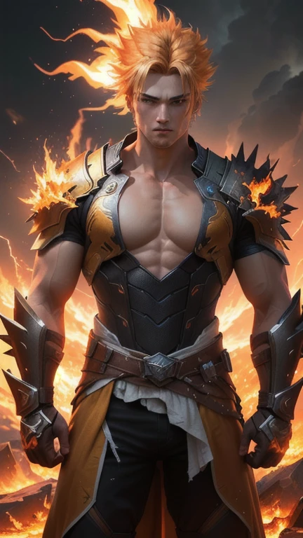 An 8k masterpiece, highest resolution, every detail, meticulous detail, depth of field, bright colors, beautiful composition: stunning take on an anime character sun goku with brilliant super saiyan hair and beautifully detailed glowing eyes, standing against a dark and ominous background. This handsome demon slayer is the epitome of bad guys in the world of fantasy art.