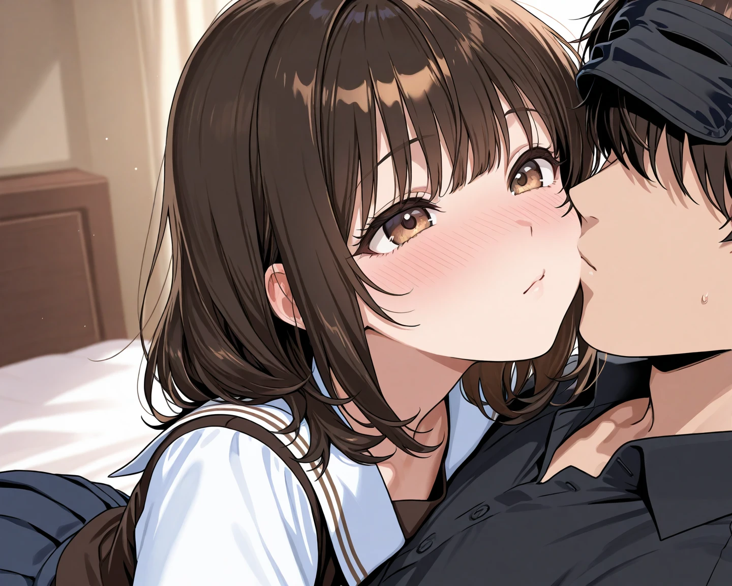 (nsfw),hyperrealistic anime,cute girl,curvy body,school sweater,bow tie,(checked pleated skirt),(tareme),blushed,troubled,brown medium hair,at home,pov handjob,realistic penis