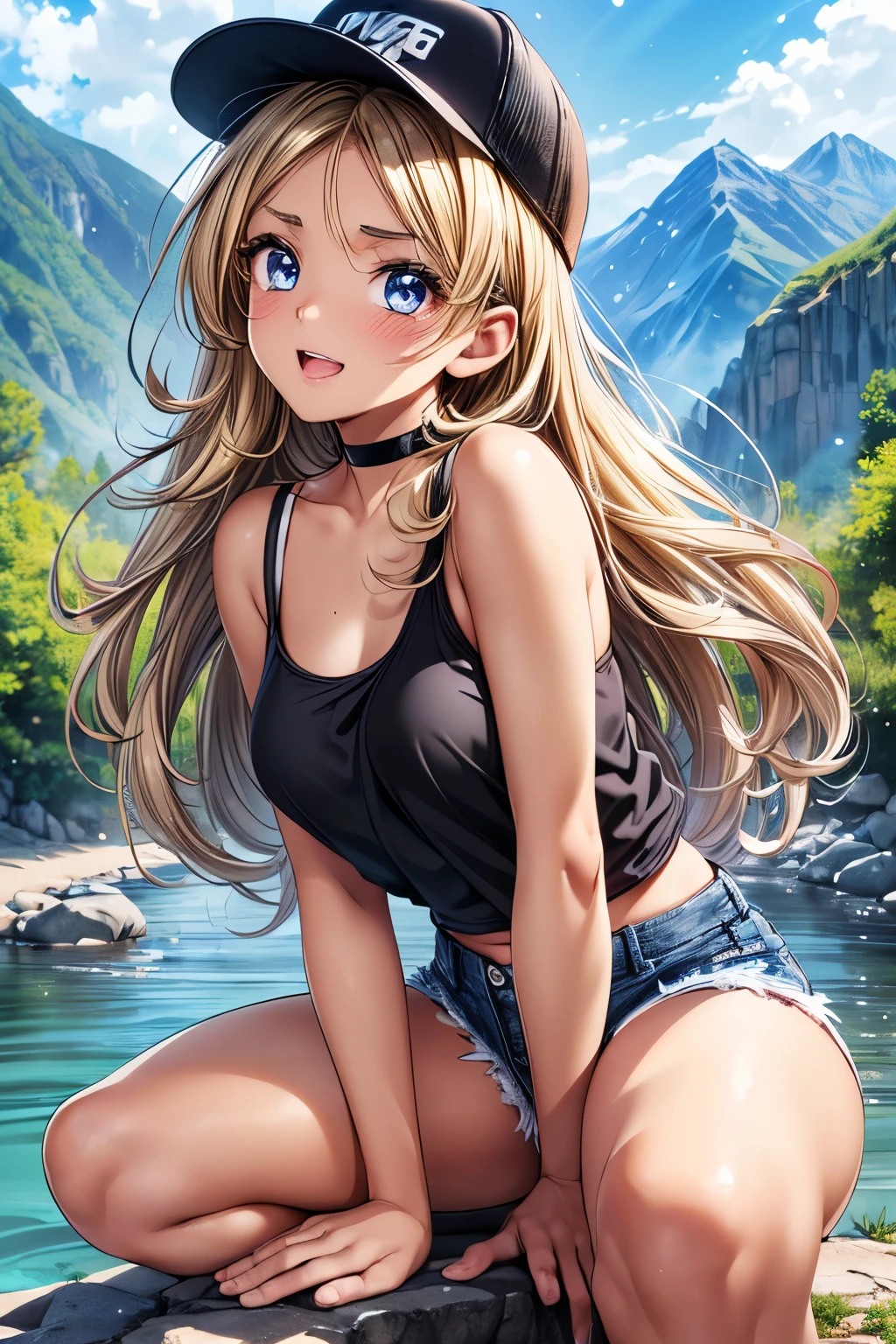 #Basic
A girl posing for a photo, (((One Girl))), (((Baby Face:1.4)) + ((cute:1.4)) + ((15 years old))),
break
#Clothing Accessories
((Black tank top shirt)) + ((Blue denim shorts)) + ((Blue sun visor)) + ((barefoot),
((Black choker)),
break
#Features
((Blonde:1.2)) + ((Wild Bangs)) + ((very long transverse hair)) + ((Long Hair : Short Hair + Curly hair + Wild Hair:1.4 + Messy Hair:1.2 + Voluminous Hair + Thick hair)),
((Droopy eyes:1.4, Big eyes:1.2), blue eyes), (Small breasts:1.2), (中立的な顔のFeatures), (Tanned dark skin:1.4),
break
#background environment
((noon, A river in the mountains, surrounded by nature, blue sky)),
#Facial Expression Pose
((smile, Open your mouth:1.2)), ((Squatting in the river up to my ankles)),
#composition
((Angle from the front:1.2, Cowboy Shot)),
break
#Body parts elements
(Slim figure),
(Symmetrical facial features),
(Detailed Hair, Beautiful Hair, Shiny Hair),
(double eyelid, Long eyelashes, Thin eyebrows:0.5, Thin eyebrows:0.5),
(Expression of fine eyes, Beautiful and delicate eyes, Sparkling eyes, Eye Reflexes, Glitter Eyeliner),
(Human Ear),
(Beautiful Nose, Thin Nose),
(Glossy Lips, Beautiful Lips, Thick lips),
(Textured skin, Detailed skin, Textured skin, Beautiful Skin, Oily skin),
break
#quality
(((最高quality)), ((masterpiece:1.3)), ((Very detailed))), ((Ultra-high resolution)), ((16K)), ((1080P)), ((Full HD)),
((Anatomically correct)), ((Realistic)), (3DCG), ((Oil painting)),
((comics, anime)), (CG illustration), (RAW Photos),