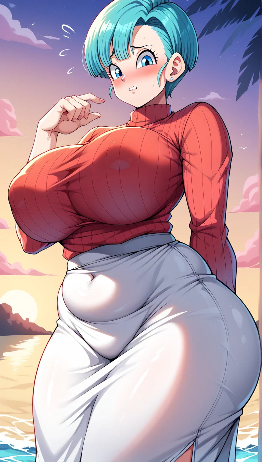 (((unryuu \(kancolle\)))), 1fille, seulement, ((((seins gigantesques)))), clivage, long braid, single braid, messy hair, asymmetrical hair, scrunchie, smile, regarder le spectateur, cheveux asymétriques, tresse simple, heterochromia, blue eyes, green eyes, gigantic breasts, mature female, off-shoulder sweater, red sweater, long sleeves, cowboy shot, oppai, biomechanical oppai, oppai proportions,