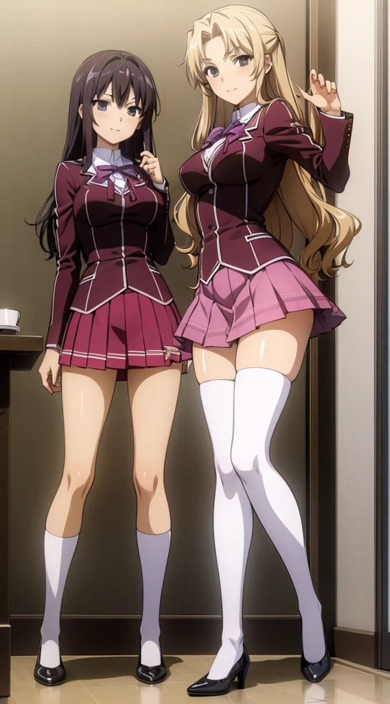 Masterpiece, high quality, 2girls, duo, identical twins, twin sisters clones, brown hair, curly hair, matching hairstyles, matching faces, hazel eyes, medium sized bust, (pink school uniform, sexy school uniform, white thigh-high socks, black high heels, matching outfits), smile, flat_color, duo pose