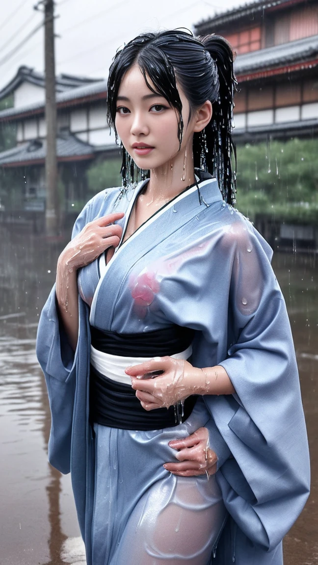 最high quality、high quality、Best image quality、、最High resolution、High resolution、最high quality、masterpiece、RAW Photos、whole body写真、Detailed and realistic human body、Detailed and realistic skin、Realistic face in every detail、Detailed and realistic eyes、Detailed and realistic lips、Detailed and realistic teeth、Detailed and realistic ears、Detailed and realistic hair、Realistic reproduction of every detail、((Beautiful Hands(thumb1、reference4))、Realistic feet down to the last detail、((Beautiful Japanese Girl))、(Japanese Model)、 Year old beautiful girl))、(Black Hair)、(Random Hairstyles)、((whole body))、((Slim and perfect figure))、(Flat Chest、Small )、(whole body光沢肌、Fair skin)、Mini length kimono、Hakama with slits、Japanese tradition、Japanese garden、Rain clouds spreading across the sky、Heavy rain weather、Pouring rain、Wind and rain storm、((Colorful floral pattern(See-through kimono dress))、((Pouring rainの中でリラックス(Poses to make your thighs look beautiful))、((Soaked skin from head to toe))、((Rain-soaked clothes(Rain dripping from clothes))、((The lines of her body are clearly visible through her wet kimono..))