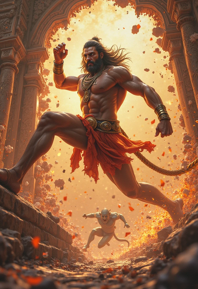 Hanuman in Battle: Depict Bajrang Bali Hanuman mid-battle, with his mace raised high, surrounded by a glowing aura. His muscles are tense, showcasing his immense strength, and his eyes are fiery with determination. The background should show a battlefield, with fallen enemies and a stormy sky.