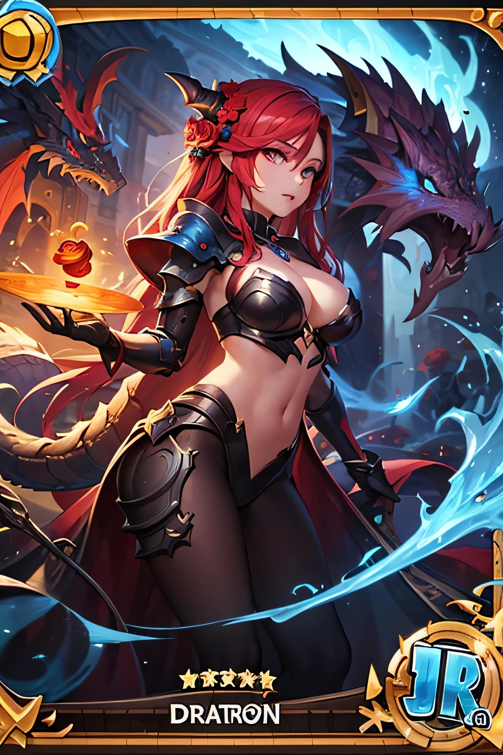 A hybrid between a human and a female shark, it has shark-like features such as a tail, gills, and skin. Long red hair, sharp teeth and clothes. Pirate ship background.