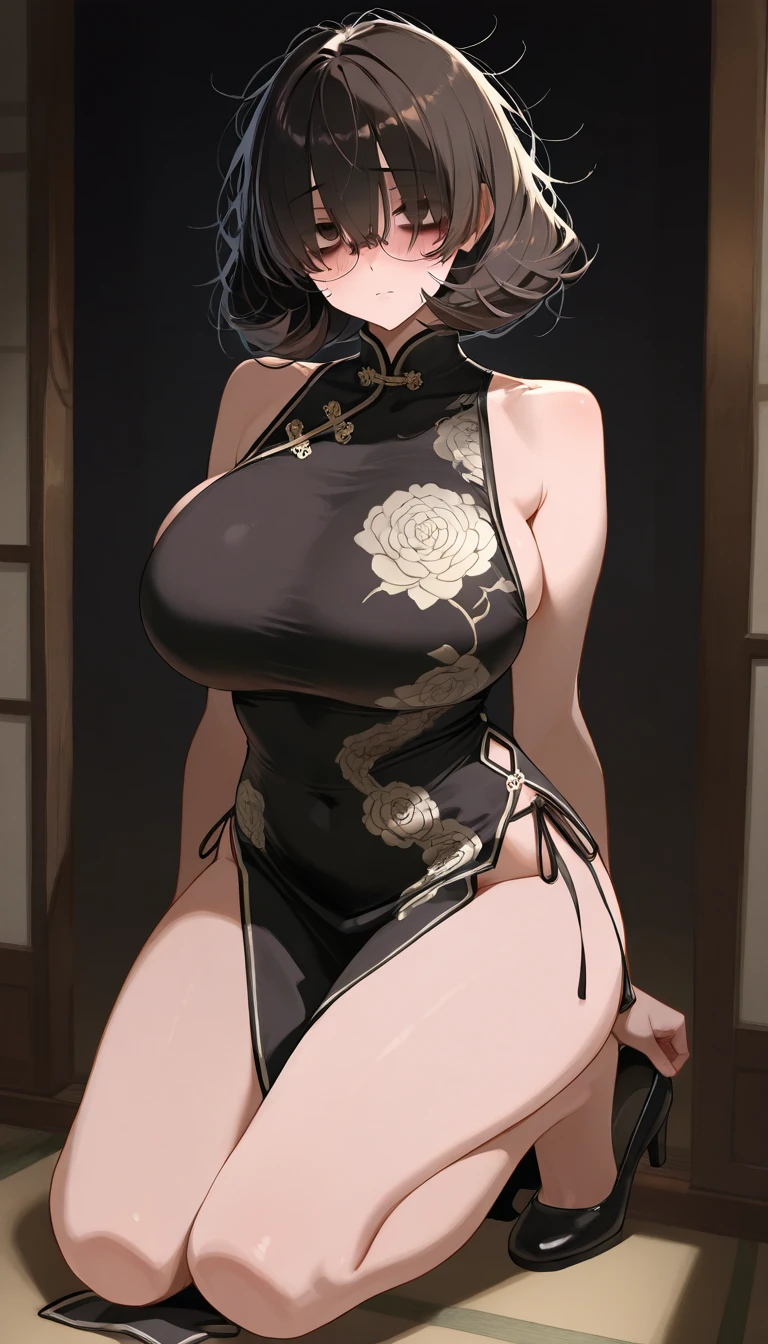Maria_virtual machine, (((Full and soft breasts,)))(((Huge breasts))) (((Cleavage))) (Perfect curvy figure),, permanent, Solitary, cheongsam,, masterpiece, best quality, Delicate face, Delicate eyes, high resolution,
