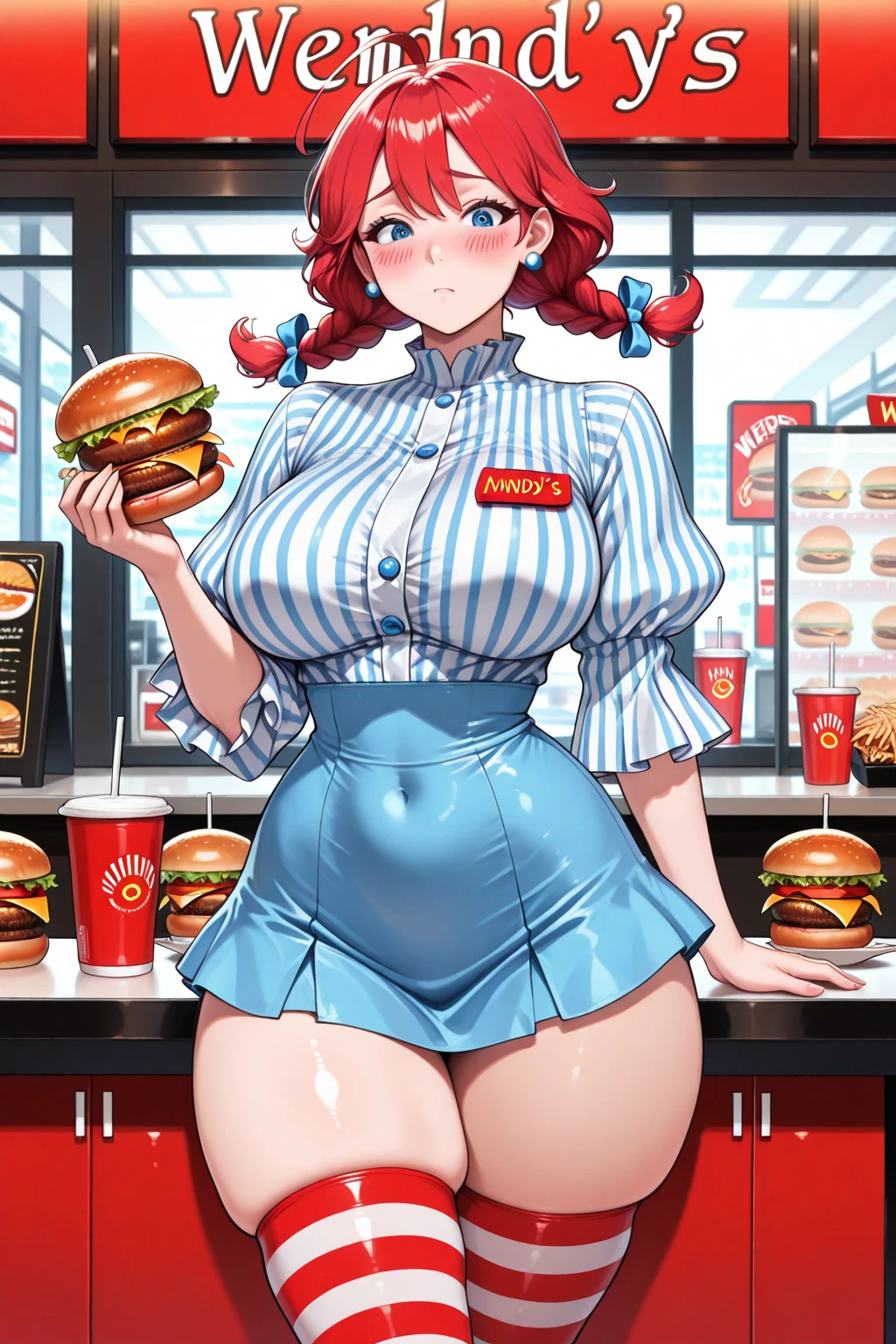 Christina Hendricks, masterpiece quality, (masterpiece quality:1.3), high res, realistic, lots of detail, alone, 1girl, (1girl:1.9), solo, in a busy restaurant, large buffet table in background, at a Golden Corral buffet, short hair, wearing choker collar, topless, naked breasts, (naked breasts:1.9), naked body, (naked body:1.9), wearing fishnet stockings, (wearing fishnet stockings:1.5), chubby body, fat belly, (fat belly:1.5), very fat belly, big breasts, (big breasts:1.3), worried, (worried face:1.5), blushing, (blushing:1.3),