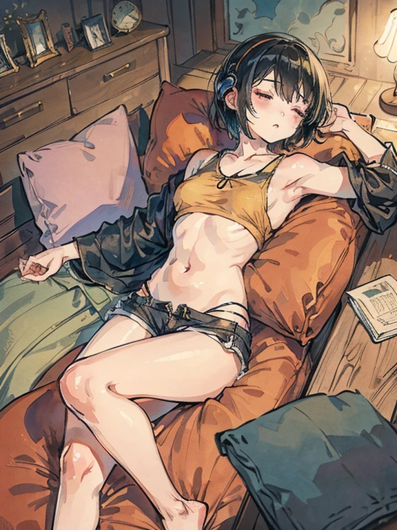 masterpiece,(Perfect Anatomy:1.5), highest quality, 1 lady , slender, leggy, (((very small breasts))), Seductive, pensive, brown hair, short hair, (wear a white long sleeved t-shirt,:1.5), white bikini panties , barefoot, Perfect hands, Perfect body, reclining, lying on a sofa, leg up , looking away, ((Exquisite detail)), Very finely crafted fingers(((10 fingers))), (full body showcase), (Show your whole body), (no background), (No logo) , high resolution, parted lips, belly button, feet up higher , arms behind head, hip lift, nsfw, white bikini panties focus