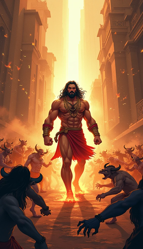 The arena falls silent as the mighty Ares steps forth, his muscular form casting an imposing shadow. His eyes burn with the intensity of a thousand battles as he scans the crowd, daring any challenger to face him. With a thunderous roar, he raises his fists, ready to unleash his fury upon any foolish enough to stand against him.