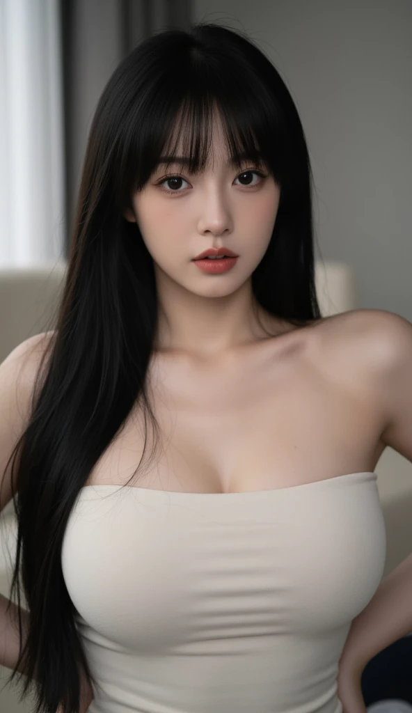 un primer plano de una mujer con el pelo largo y negro que lleva una blusa gris, [ arte digital 4k ]!!, muchacha coreana, obra de arte al estilo de guweiz, Realista anime 3 d style, liso anime cg art, Realista. cheng yi, liso. Pintura Digital, hecho con estudio de pintor anime, Realista artstyle, mujer coreana, digital anime illustration
