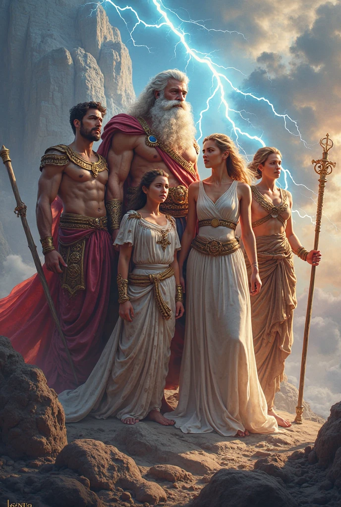 Create an image with the goddess Persephone in the middle and beside her Zeus and the God Apollo, only her and the two. Leave Zeus at the same height as Apollo. Persephone with brown hair and beardless Apollo. Not very humanized. The 3 looking forward, I don't want anything sexualized.
Zeus with white hair, I apologize for the beard, not too big 