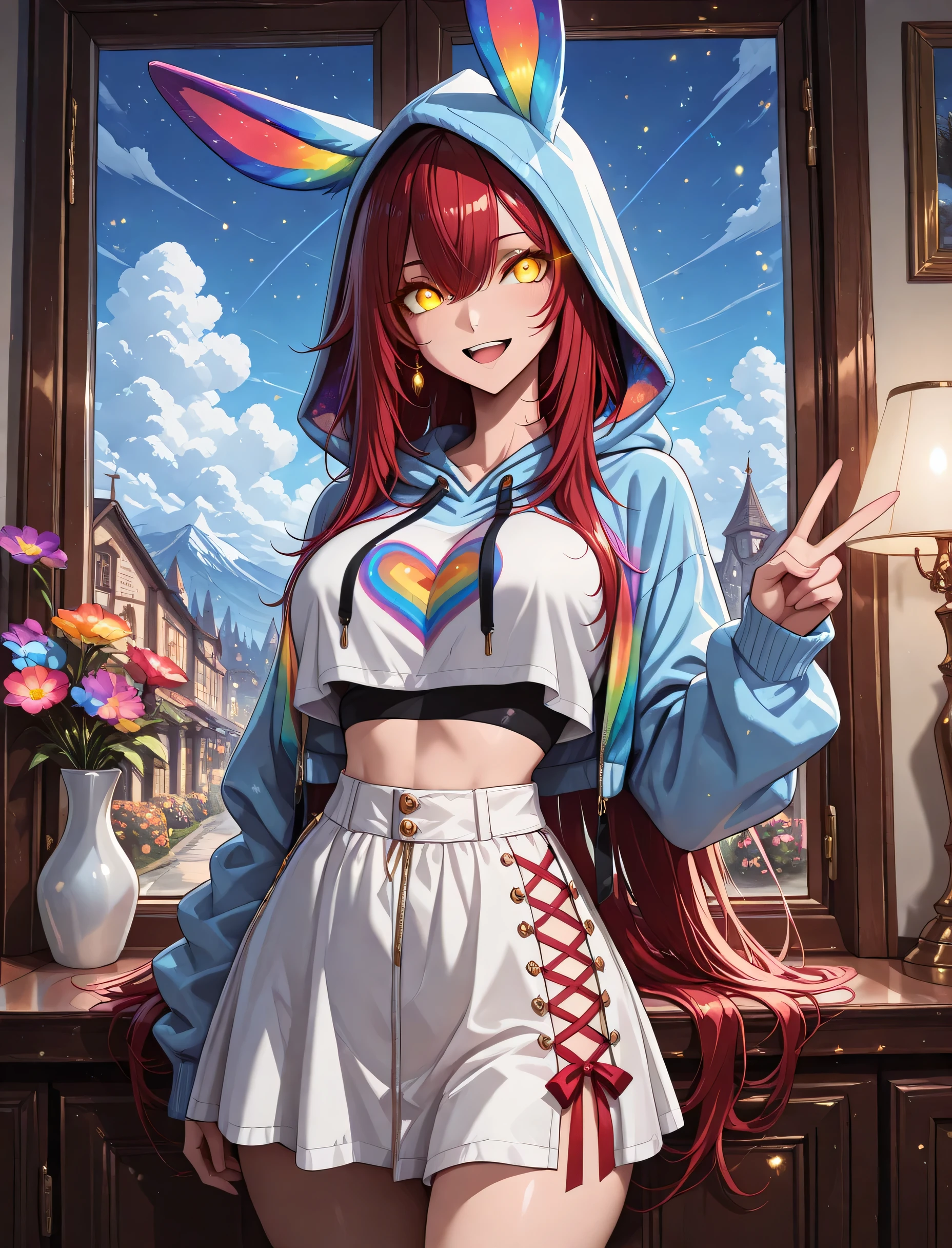 glowing eyes, rainbow rabbit ear jacket, crop top, hood up, bow on chest, mini white skirt with rainbow flowers, laced skirt, collerful, 1 girl , golden eyes , very long hair , long sidelocks, red hair , petite , very cute , beautiful ,Straight hair, cool, handsome, hair between eyes, mediumlarge breast, solo,hair ornament, detailled reflections of light, lights particules, detailled background, sunny atmosphere, ultra detailled blue sky with cloud (sky), blue sky, masterpiece, anime style, lots of glowing particles,((4k,8k,Ultra HD)),((Masterpiece :1.2)),((Best quality :1.2)),((Detailed :1.5)),((Detailed background :1.5)), happy, jop, v, scenery, open mouth