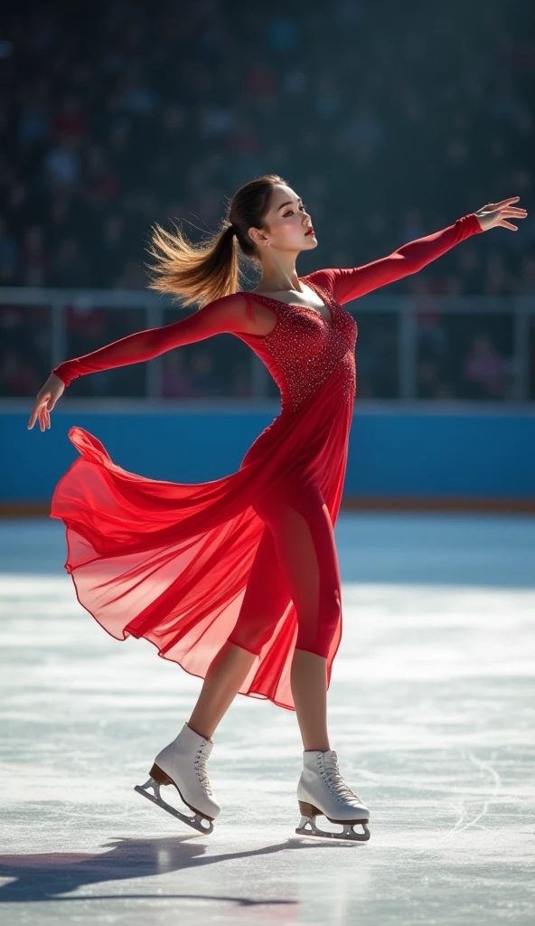 A beautiful thai woman as a skater gracefully gliding across the ice professionally, with beautifully posed, capturing the elegance and dynamism of ice skating. The skater is wearing a detailed bright red and white costume, and the background should depict an audience and professional photography equipment capturing the moment