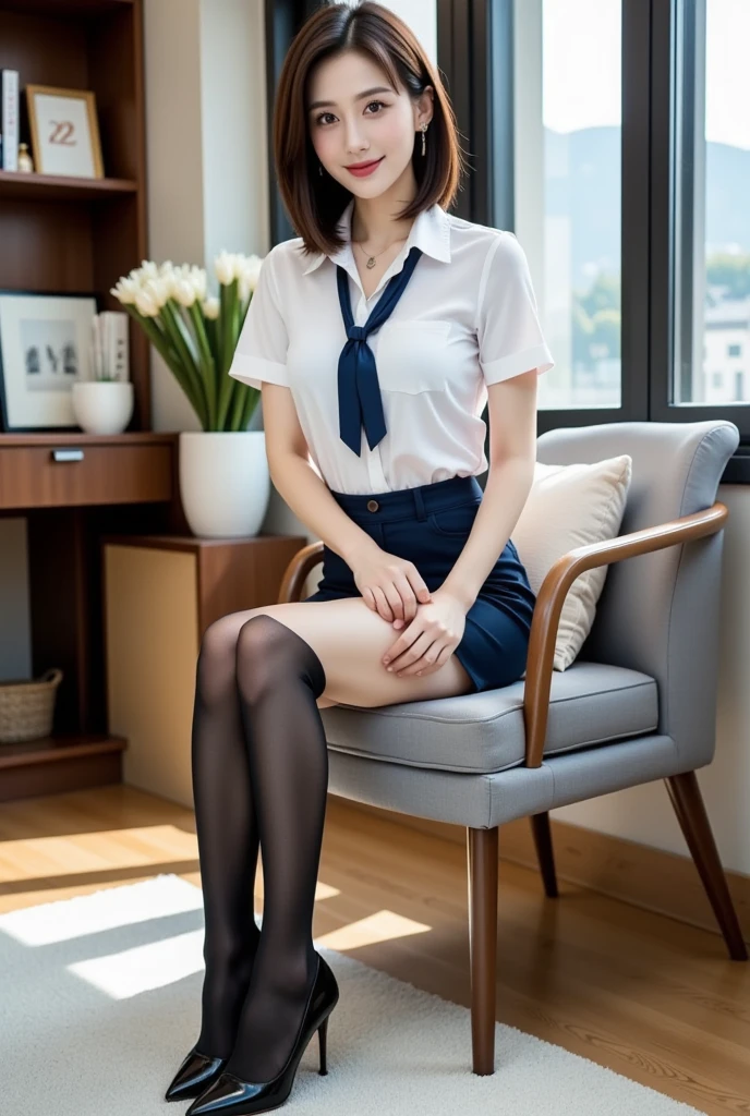film grain, depth of field, low light:1.2), wearing a white on up shirt, partially open blouse, black skirt, black pant, high heels, designer shoes, full frontal view, slightly spread leg at viewer), perfect makeup, long eyelashes, eyeliner and blush, natural perky breasts, soft nipplepanties:1.2), ess, public e, shaved pussy, tight slit, (skirtlift), oning mouth in shock,