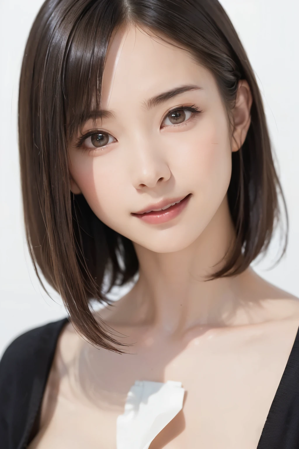 1 girl, alone, Shiny skin, chest, very detailed, ultra detailed, Ultra-high resolution, whole body, (フォトrealism:1.6、Put out your ears), (highest quality), (Best Shadow),realism:1.6 details, Perfect lighting, Black Hair, ((Showpiece, highest quality, High precision、Beautiful face in symmetry、golden ratio、Ultra high definition)), One Girl, (big chest, Realistic: 1.4), (look up at the camera even a little, カメラをlook up, look up, look up at the camera, Looking into the camera))), alone, , White Background, snow-White Background, shut up., smile, pretty Black Hair, short hair, Big eyes, Transparent double eyelids, eyelash, listen, Long neck, Long neck, Absolute area, ((Face close-up, short hair with bangs)), 19 years old, Attractive proportions, Shiny skin, Beautiful clavicle, Golden ratio face, Perfect Face, Teardrop-shaped mole, chestのほくろ, bangs, clean bangs, beautiful bangs, Lip gloss, Thin lips, White skin, I took off my clothes, big chest, Small face, Small face, 少し上を向いてLooking into the camera, ((smile a little for the camera, really nothing pure White Background, very big big chest, big chest))