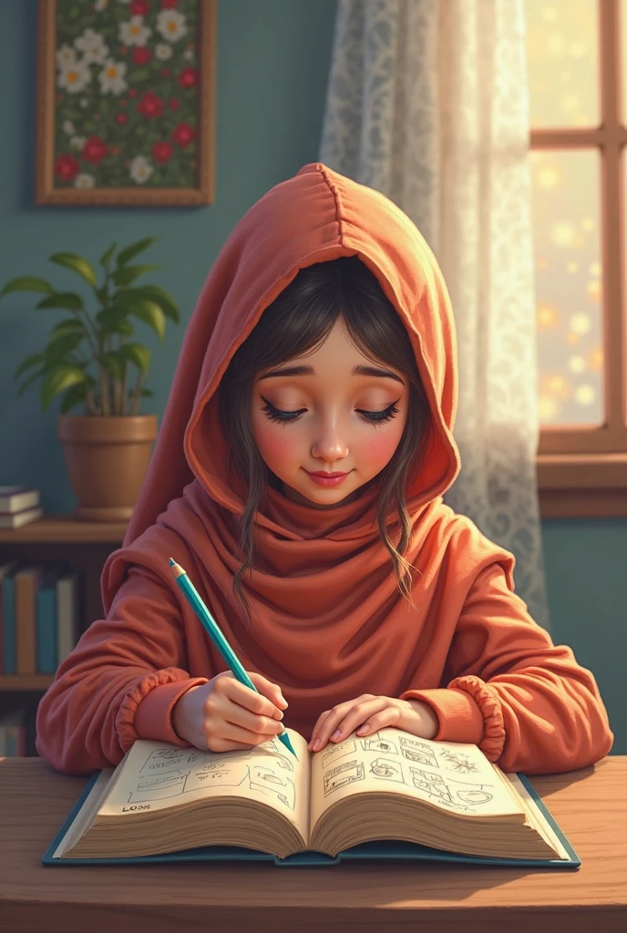 teen girl wearing headscarf study hard in her room