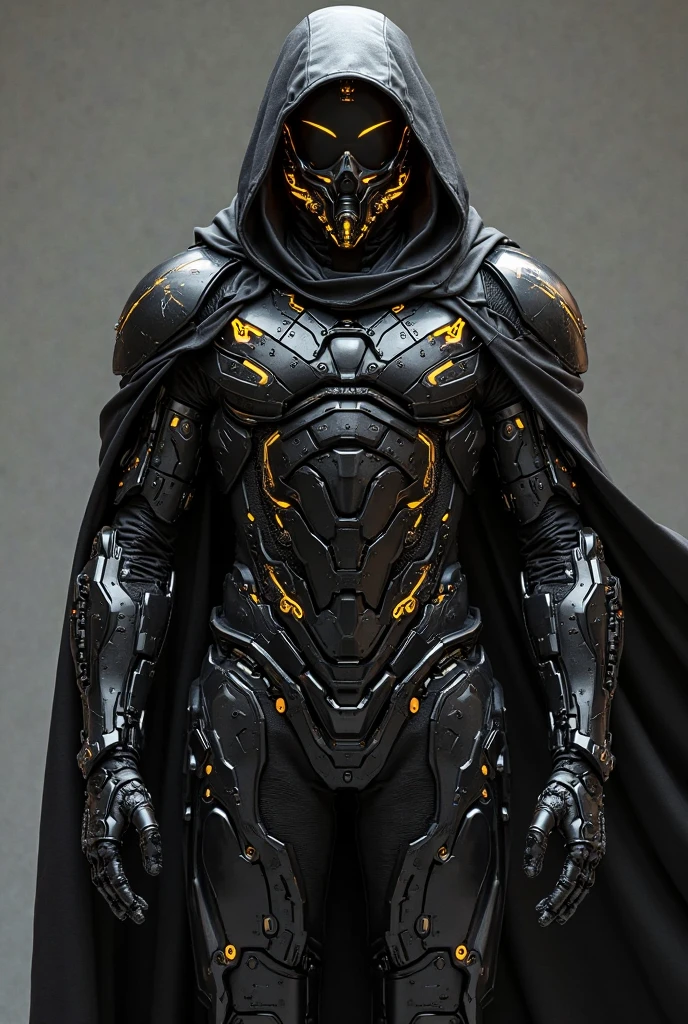 Black suit, arms, chest and knees armored suit, boy, dark mask, short mask