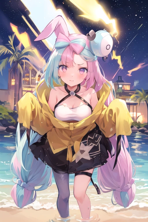 (Highest quality, 8k, 32K, masterpiece, Ultra-high resolution,:1.2),to be born, One Girl,So cute , Casino-like fantasy background, clear, Shining Eyes, Age 25 ,Fair skin, 薄いピンクの髪の毛 girl, Fantasy Clothing, Long Hair, An innocent smile, Small , night, Bunny girl, Rabbit Ears,Nyan Nyan Pose,sexy,Large breasts,Sparkling,Sparklingエフェクト,Rainbow colored leotard