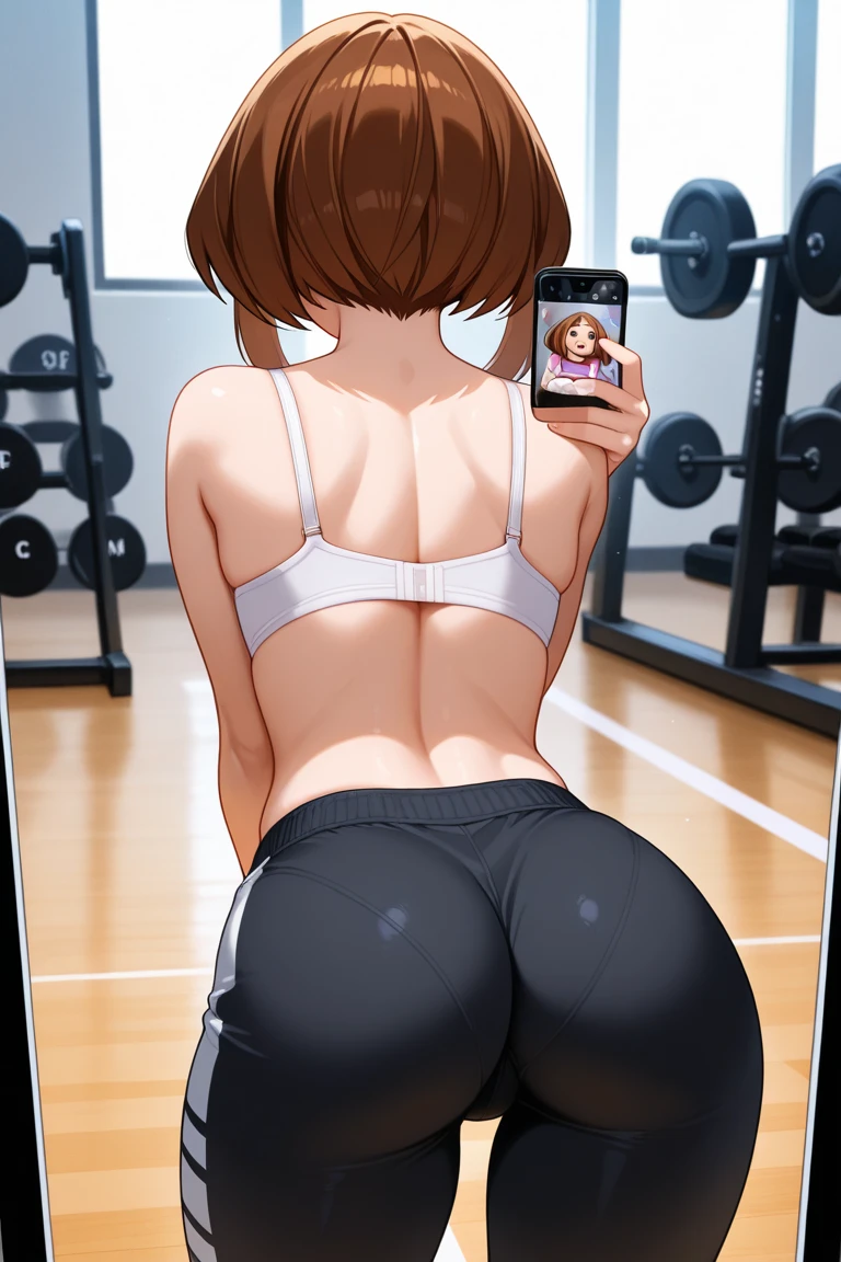 human, ((1girls)), 18 years old, beautiful, ponytail, brown hair, black eyes, Naked, Z cup breasts, ((brown skin)), fair body, 1m78, deserted, ((Takeda Hiromitsu style)), Room gym, round butt, Sitting, feeling curious, holding the phone, ((Pov see below))