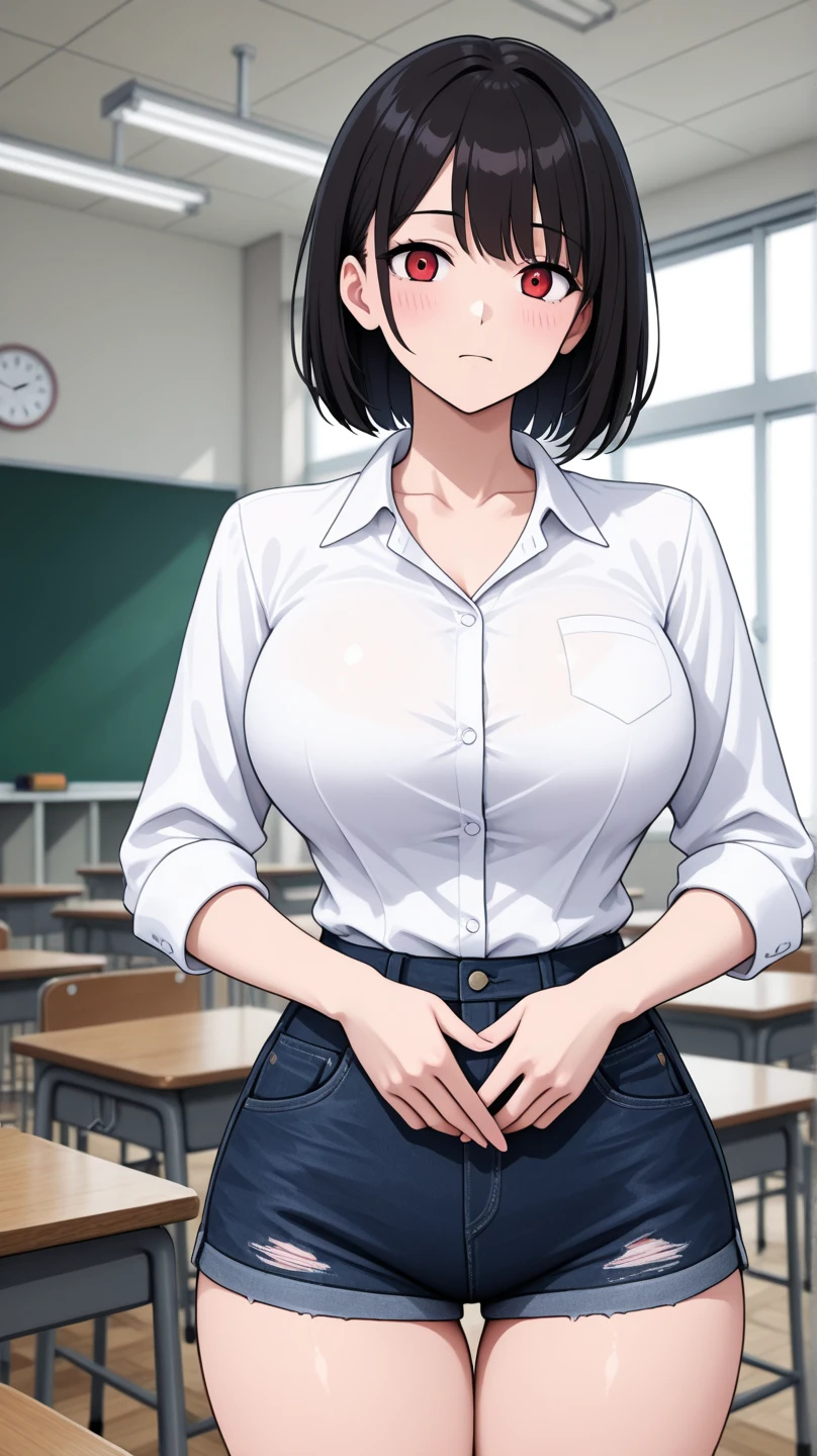 score_10, score_9, score_8_up, score_7_up, BREAK, source_anime, anime screencap, anime coloring, detailed face, a stiff-looking beautiful female teacher, detailed beautiful big brown eyes, large breasts, 36 years old, milf, black hair, skinny, One length medium bob hair, asymmetry_bangs, forehead, hair behind ear, black hairpin, Wears glasses, white shirts, short sleeves, button gap, black micro skirt, skintight, zettai ryouiki thighhighs, visible black lace thong, teaching in front of the blackboard, (holding a textbook, hand on hip), smile, shaped eyebrows, open mouth, classroom, thigh gap, unshaven hairy natural armpit hair, unshaven hairy natural public hair