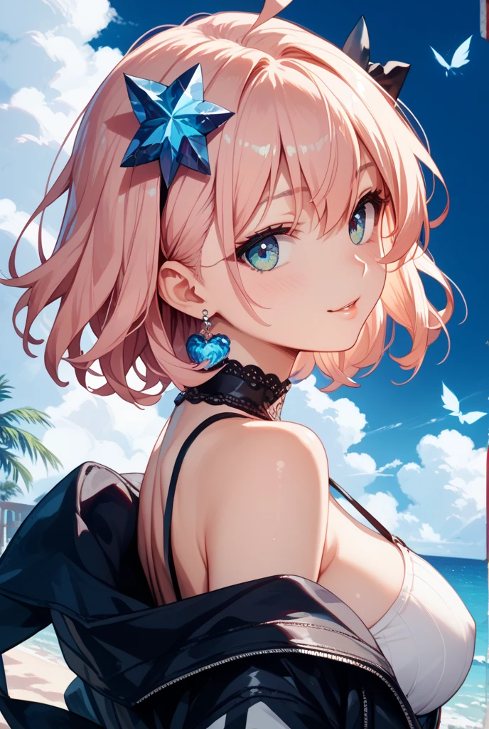 Bet（2.0）、Composition from above、(masutepiece:1.3), (8K, Photorealistic, Raw photo, Best Quality: 1.4), Beautiful face, (Realistic face), Beautiful detailed eyes, (Realistic skin), Attractive, Intricate details,Golden ratio,  1 girl,Naughty smile, (rainbow hair:1.4),((Long twintails,Ribbon 1.4)),Blue butterfly pajamas,(Blue Butterfly Hair Ornament 1.3)、Gift Costumes、koi、heartbackground、Heartlight、cleavage of the breast、Beautiful breasts