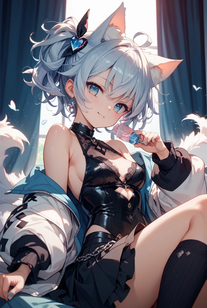 NSFW,masterpiece,Highest quality,High resolution,Super detailed,Shirakami Fubuki\(Hololive\),Gray Hair、One-sided braid、Ahoge、Earrings,Fox ears,Fox tail,Jacket,Crop top,Shorts,Embarrassed,blush,Expecting face,Seduce,smile,Lingerie Shop,Sexy lingerie store,Date,From above
