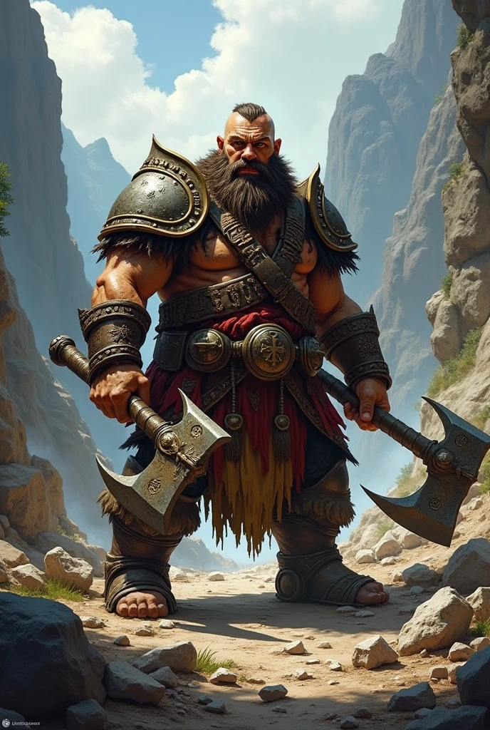 A Gray Orc Bard with a guitar on his back and a longsword in his hand