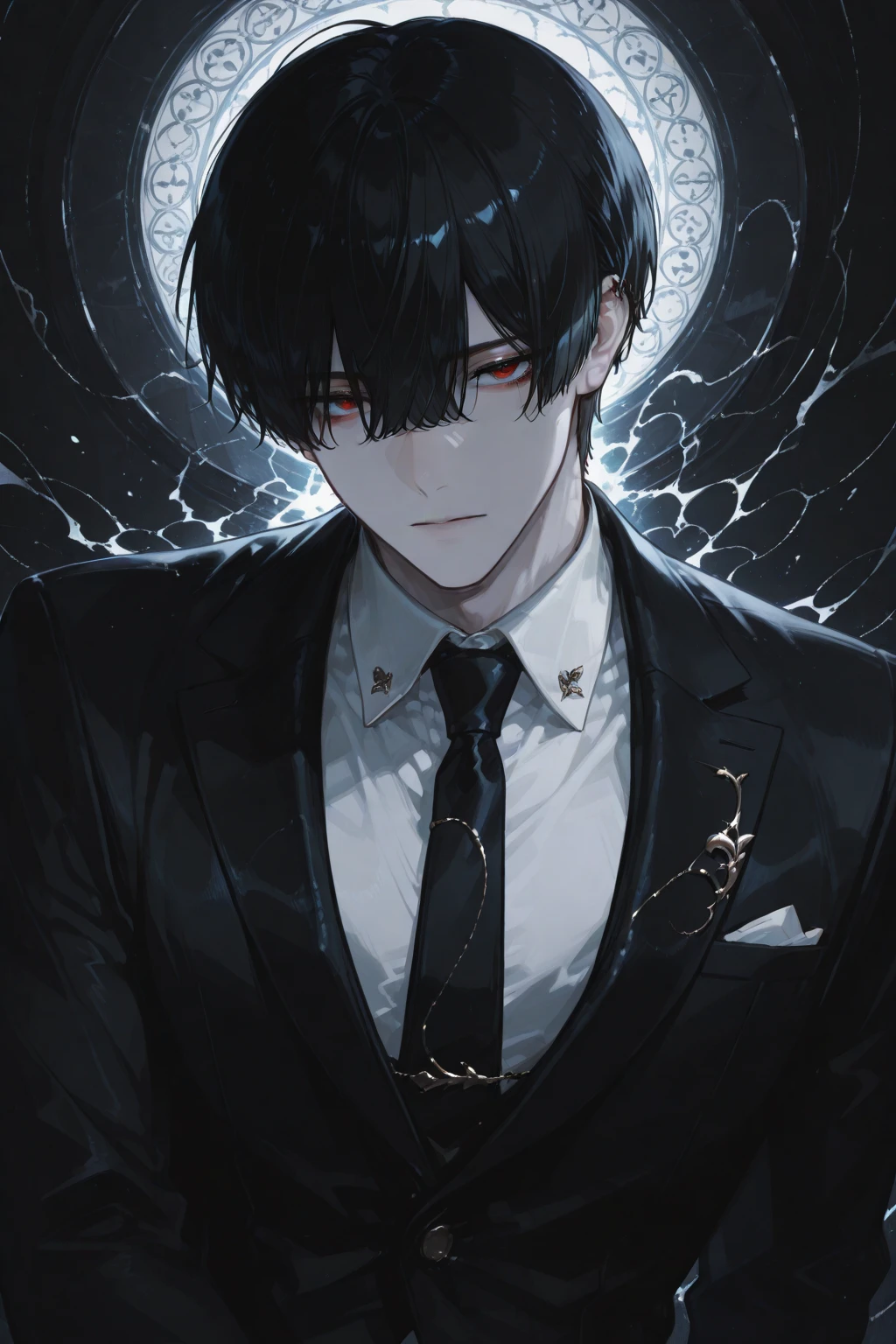 1 Boy, solo, dark hair, (white shirt), black slacks, on sheets, Long Sleeve Shirts, kneeling, seiza, cool, (sexy:1.3), Fascinating, evil smile,(parted lips),collarbone, (shoot from below), (from below:2), sunset,(open collar), tsurime, Yellow eyes, (background: on bed in bedroom), high quality, high resolution, masterpiece,