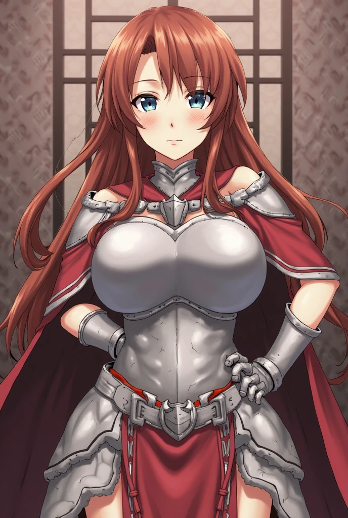 solo,Red hair、((long ponytail:1.8)),(blue armor)、(knight armor) ,cleavage、big breasts,sword on waist 、Placing hands on hips、bored face、medieval town gate