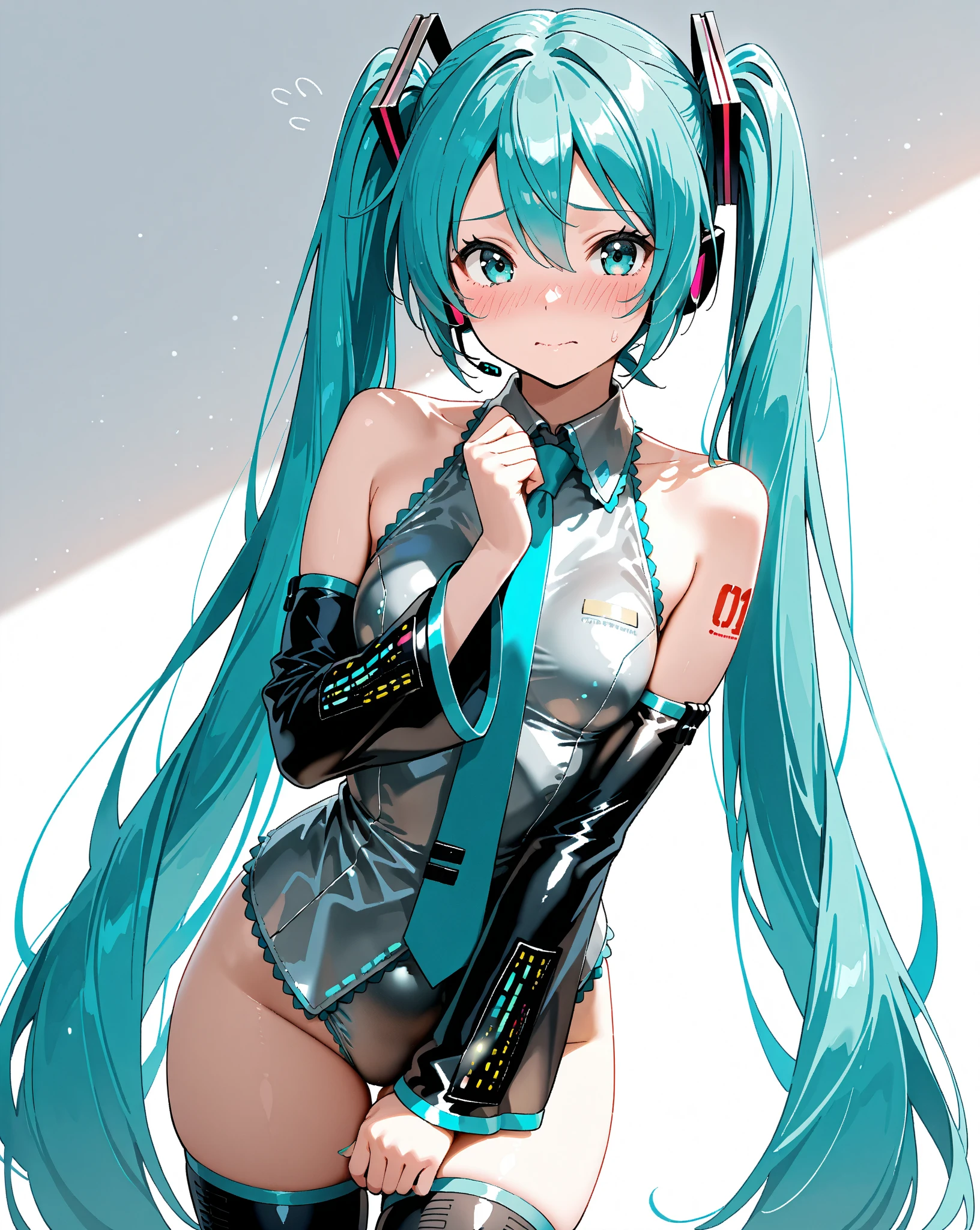 <lora:mikuappend-v1:1> mikuappend, bridal gauntlets, center opening, navel, white necktie
