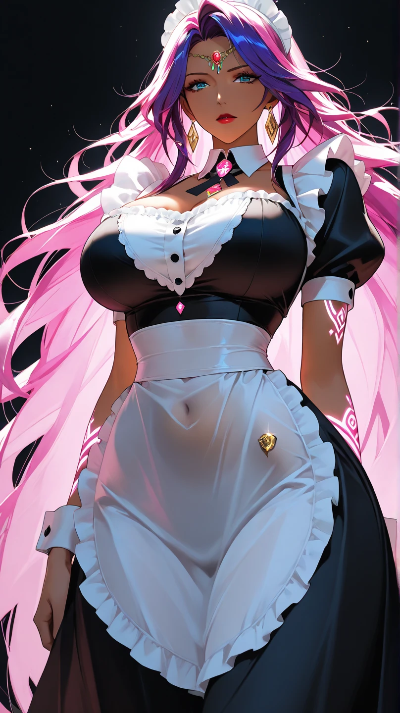 ((Award-winning realistic intricate high detail masterpiece of hyperrealismm, complex brushwork, perfect rendering.)) solo, Full body of an Extremely beautiful (((36 years old alien empress lala satin deviluke))). (((colored skin, dark skin, dark skinned, shining pink hair, glossy long hair, red lipstick | black lipstick, provocative full lips, thick lips, white eyeshadow.))) Lovestruck, wicked, loving, selfish, manipulative. natural femme fatale, unconscious seductive allure. tantalizingly sensual without effort, due to her elegant poise and Very classic very Feminine behavior. Her green eyes are soft, clear and wanting. flawless professional makeup, Her exotic beauty is dangerous, evocative of womanliness, evocative of femininity. Her hips are big, wide, thicc, child-bearing hips. Her ass is thicc fat and big, her huge buttocks jutting out tremendously, given their extreme projection. Her snatched waist is thin, narrow and cinched, like wasp's. Her slim belly is slender and flat, her abs are flat. Her thighs are thick, shapely, possesing both muscularity and fat. Her calves are toned and sculpted by the heels she wears. She wears complex jewelry and stylish fashionable acessories. Her face is mature, loving, regal, maternal, lovestruck, motherly and perfect. transparent pvc elbow gloves, iridescent latex boots, translucent plastic high waisted flare leggings, holographic eyewear on hair, earrings, big breasts, cleavage, black vynil jacket, black leather leotard, big belt.