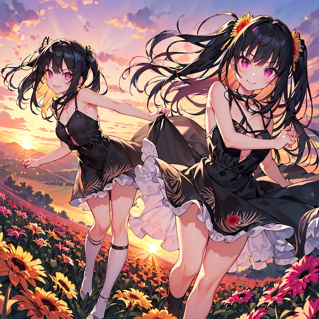 masterpiece, best quality, high quality, extremely detailed, very delicate and beautiful, (1 female 18 years old alone solo:1.5), (long black hair up to waist with two side up:1.5), bangs to eyebrows, eyes (eyes sharp, strong glossy glossy eyes, eyebrows glossy, (eye color magenta:1.3), 6.5 head height, (gazania flower print fashion:1.3), (smiling), (running:1.3), (dynamic pose), (background gazania flower field:1.3), ( blue sky:1.3)