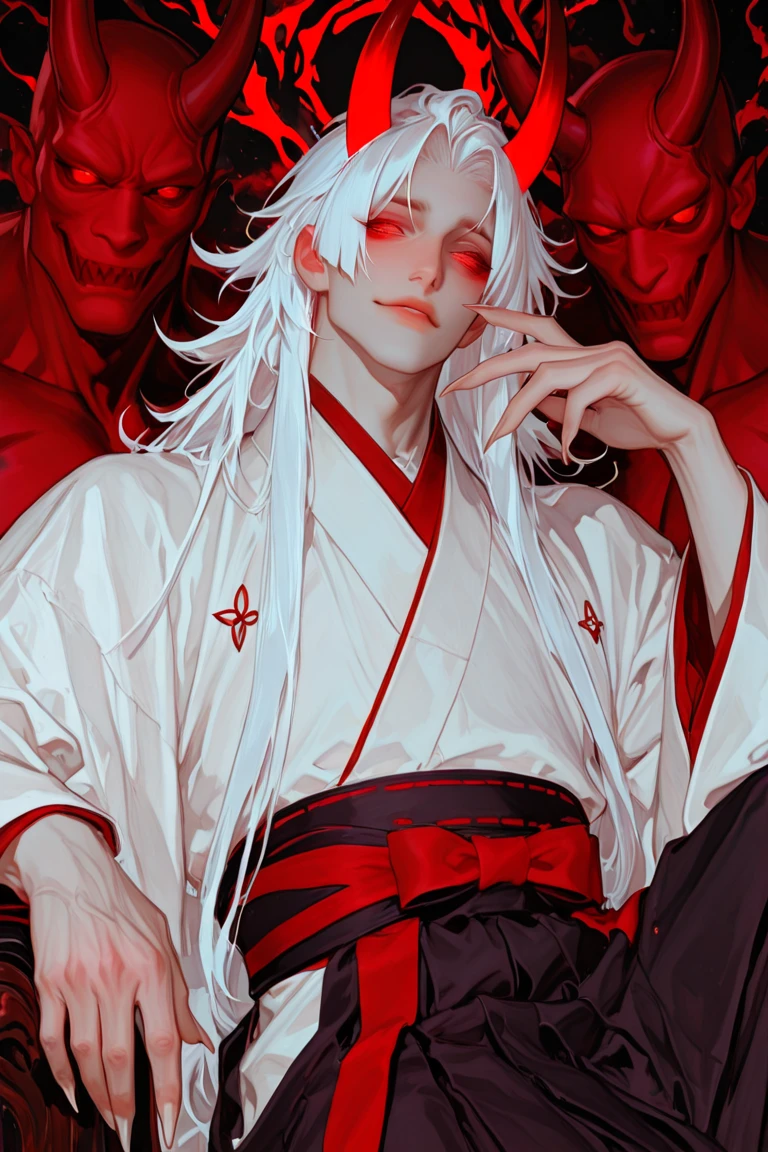 full-length, boy, long white hair, pale skin, black robe, red eyes, calm gaze, bruises under the eyes