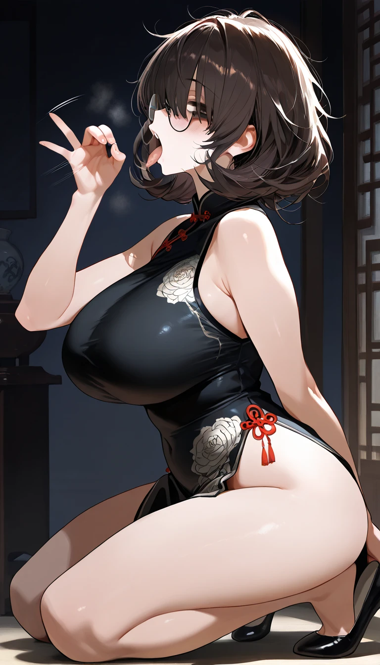 Girl,full bodyesbian,(Detailed face:1.2), Masterpiece, Fashion,Chinese dress,, Medium hair, Black hair, double tails, Blunt bangs, Brown eyes,(huge tit:1.2)，(Pubic bone:1.3)